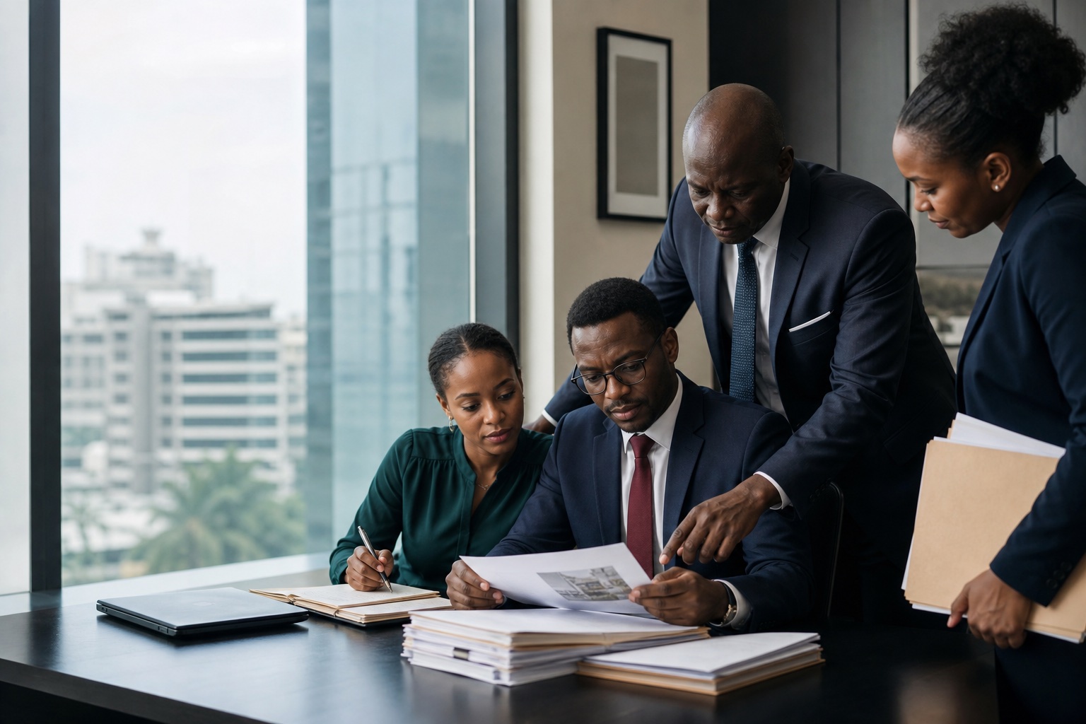 Professionals reviewing organized case documents in a modern office